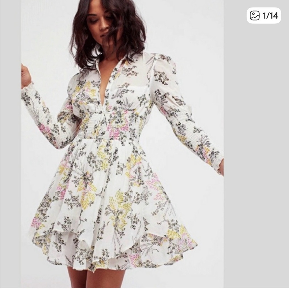 Free People Poet Babydoll Floral Mini Dress Smocked Boho Romance Flirty Small